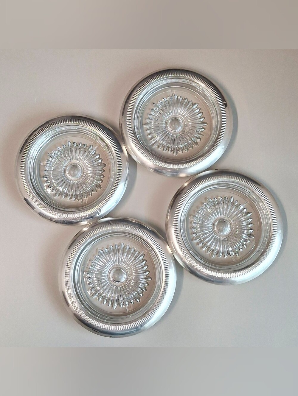 Vintage Set Of 4 Sterling Silver Crystal Sunburst Design Drink Coaster Plate